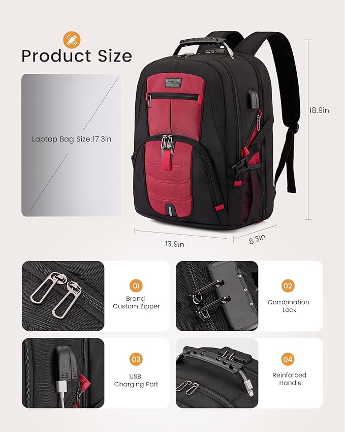 LOVEVOOK Travel Laptop Backpack Waterproof Anti Theft Backpack with Lock and USB Charging Port Large 17-17.3 Inch Computer Business Backpack for Women Men Red