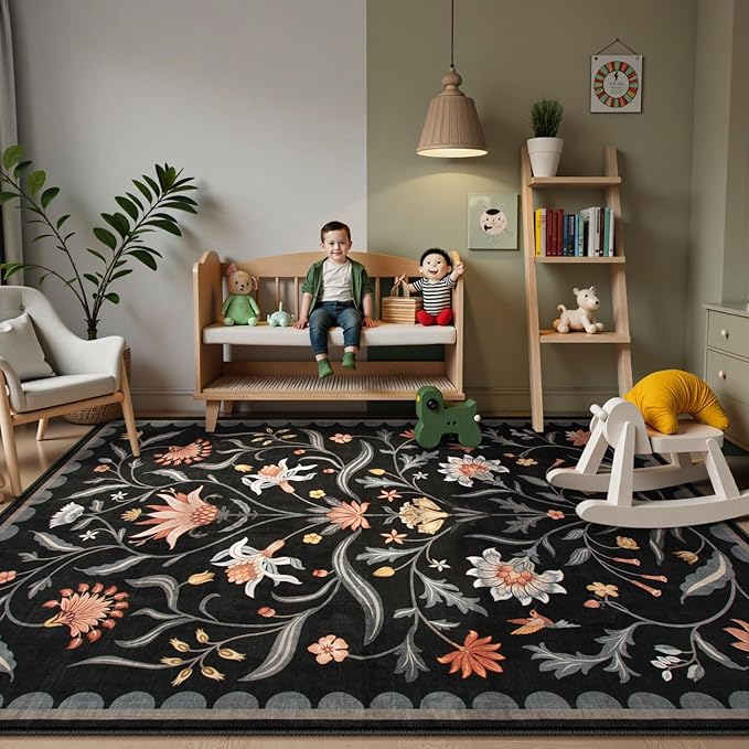Lahome Boho Floral Washable Black 8x10 Area Rugs for Living Room, Non Slip Rugs for Bedroom, Ultra-Thin Indoor Throw Dining Room Carpet for Under Table Home Office Farmhouse (Black,8x10)