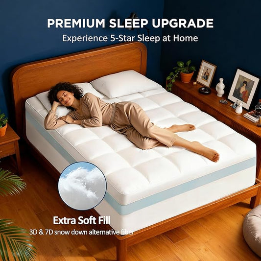 King Size Dual Layer 4 Inch Memory Foam Mattress Topper, 2 Inch Cooling Gel Infused Memory Foam and 2 Inch Airflow Down Alternative Pillow Top, 8-24 Inch Deep Pocket Bed Topper
