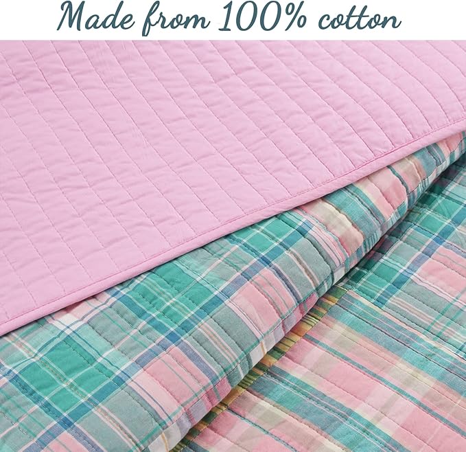 Cozy Line Home Fashions 100% Cotton Real Patchwork Pink Blue Green Reversible Quilt Bedding Set, Bedspread, Coverlet (Pink Plaid, Twin - 2 Piece)