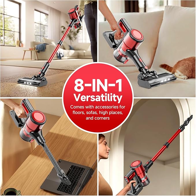 Cordless Vacuum Cleaner for Home - Lightweight, Stick Vacuum Clean with Rechargeable Battery, Max 45Mins Runtime, 8 in 1 Handheld Vacuum for Hardfloor & Carpets Pet Hair, Red&Black