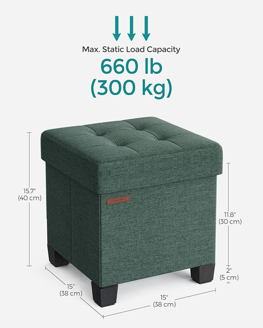 SONGMICS Storage Ottoman, Small Ottoman Foot Rest with Legs, 15 x 15 x 15.7 Inches Foot Stool, Load up to 660 lb, for Living Room, Bedroom, Dorm, Retro Green ULSF014C01