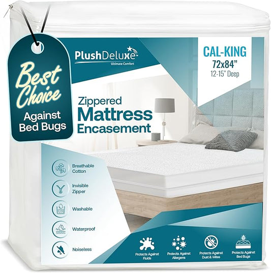 PlushDeluxe California King Premium Mattress Encasement - Zippered Waterproof, Bedbug Proof Design, 6-Sided Protection - Hypoallergenic Cotton Terry Fabric 12-15" Depth