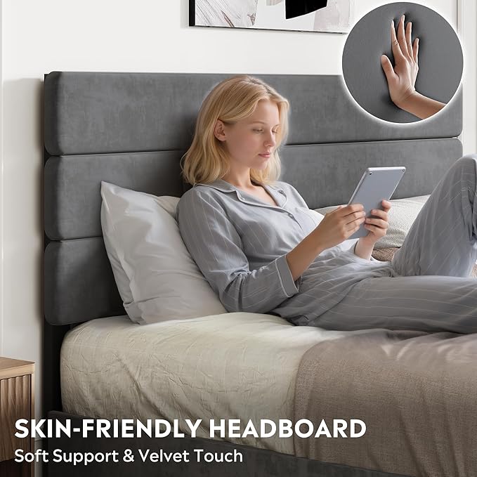 WLIVE Queen Size Upholstered Bed Frame with 4 Storage Drawers and Headboard, Velvet Platform Bedframe, Sturdy Metal & Wooden Slats Support, No Box Spring Needed, Easy Assembly, Dark Grey