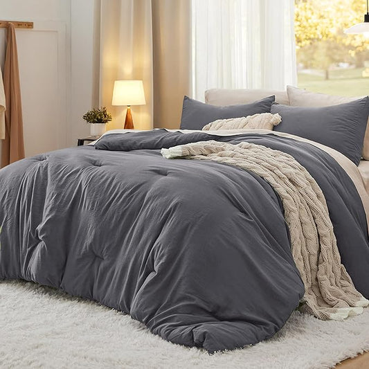 Bedsure Queen Size Comforter Set, Dark Grey Soft Prewashed Bedding for All Seasons, 3 Pieces GentleSoft™ Warm Down Alternative Bed Set, 1 Lightweight Comforter (90"x90") and 2 Pillowcases (20"x26")