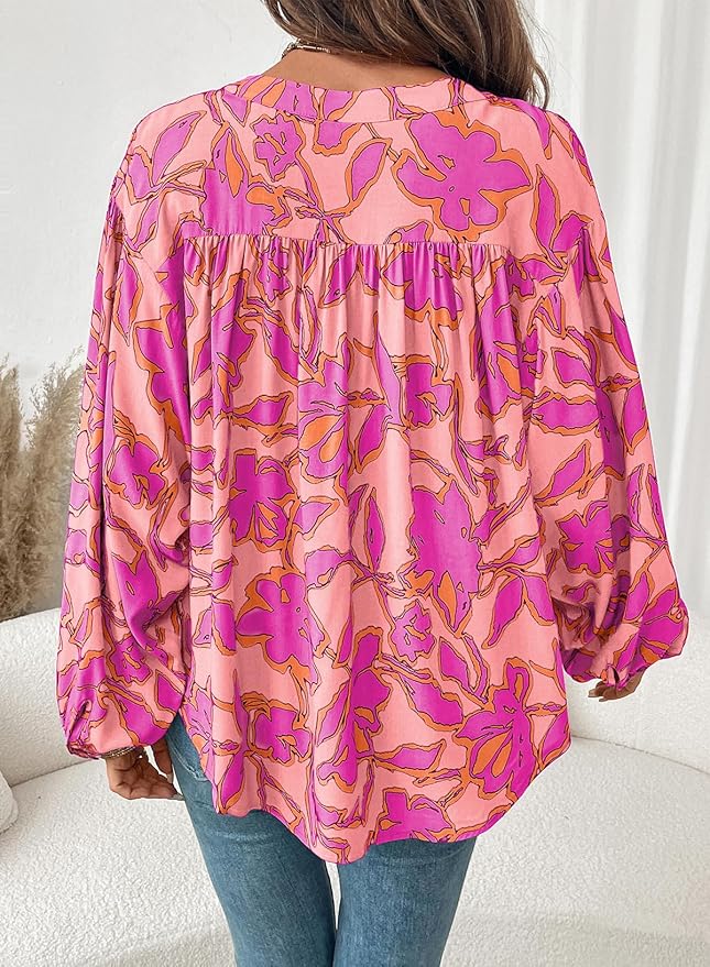 Astylish Womens 2026 Boho Floral Loose Spring Summer Tops Lantern Sleeve Flowy Blouses V Neck Button Down Shirts