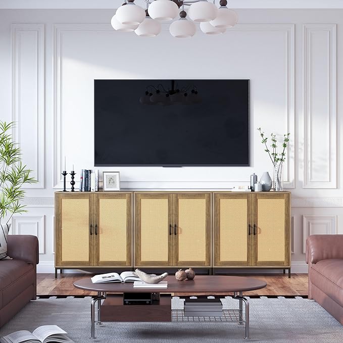 Sideboard Buffet Cabinet with Storage Rattan Entryway Cabinet with Door Modern Small Accent Credenza Coffee Bar for Living Room Dining Farmhouse