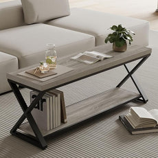 IBF Industrial Wood Entryway Bench, Indoor Farmhouse Hallway Accent Entry Bench for Seating Sitting with Storage, Metal Shoe Rack Grey Bench Organizer in Foyer Bedroom, Light Grey Oak, 47 Inch Long