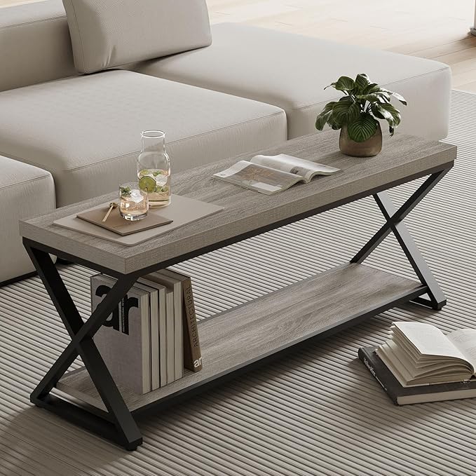 IBF Industrial Wood Entryway Bench, Indoor Farmhouse Hallway Accent Entry Bench for Seating Sitting with Storage, Metal Shoe Rack Grey Bench Organizer in Foyer Bedroom, Light Grey Oak, 47 Inch Long