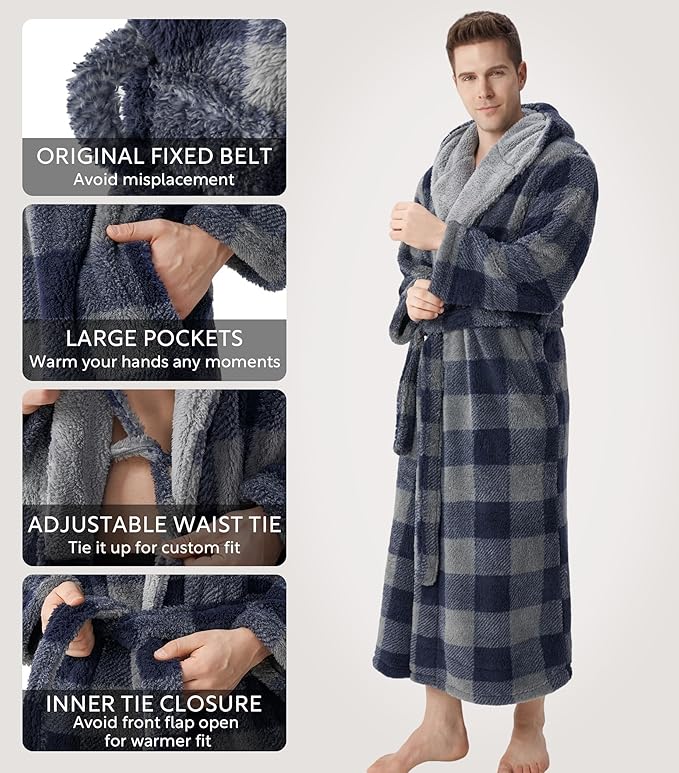 DAVID ARCHY Men's Hooded Robe Soft Coral Fleece Microfiber Bathrobe