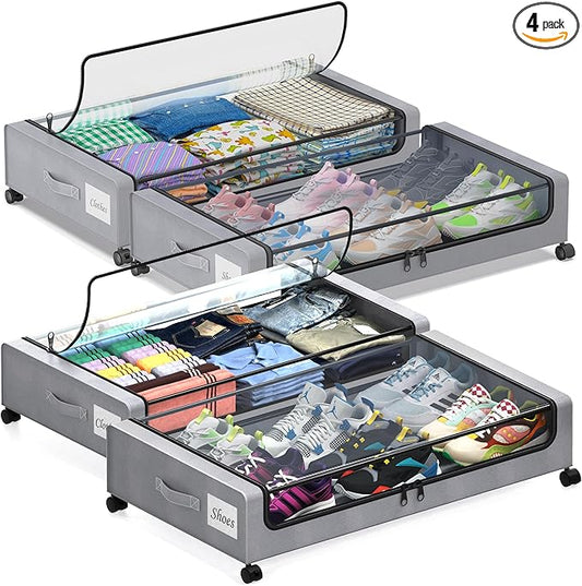 Under Bed Storage with Wheels, 4-Pack Under Bed Storage Containers with Clear Lids, XXL 60L Under the bed storage Organizer Bins, Rolling Under Bed Metal Drawer for Clothes,Shoes,Toys (Gray)