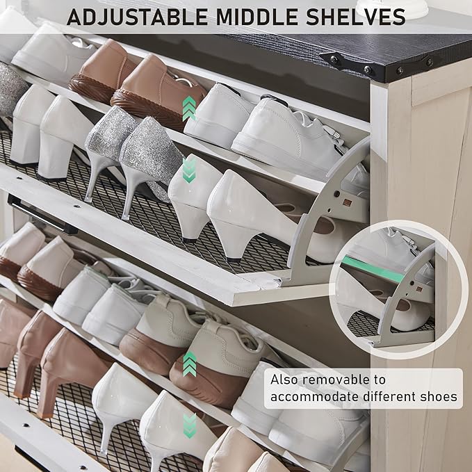 JXQTLINGMU Shoe Cabinet with 2 Flip Drawers, Farmhouse Shoe Storage Cabinet with Mesh Doors and Adjustable Shelves, Rustic Wooden Shoe Organizer, Small Shoe Cabinet Storage for Entryway, White