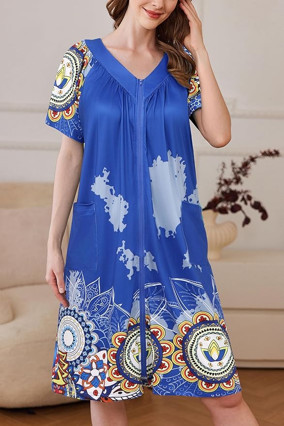Ekouaer Women Robe Zipper Front Mumu Duster Robes Zip Up Housecoat Soft Sleepwear with Pockets