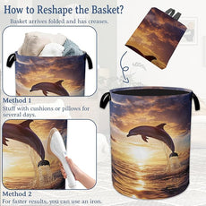 Dolphins Laundry Basket,Foldable Oxford Cloth Sunset Laundry Hamper With Handle, 20.8