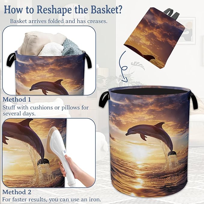 Dolphins Laundry Basket,Foldable Oxford Cloth Sunset Laundry Hamper With Handle, 20.8"x16" Portable Clothes Storage Basket Bag for Laundry Room/Bathroom/Bedroom/Dormitories