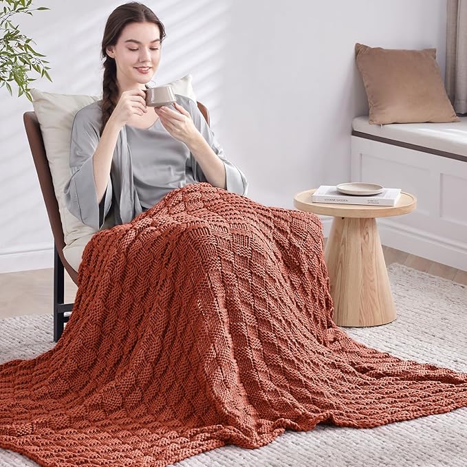 Knitted Weighted Blanket for Adult, No Beads Heavy Blanket 60” x 80'' 10lbs, Breathable Chunky Knit Blanket, Cooling Weighted Blanket for Hot Sleepers, Christmas Home Decor (Orange)