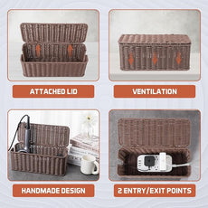 Cable Management Box, Handmade Rattan Cable Organizer, 2 Open Slots Cords Hider Box, Under Desk Cord Organizer for Computer Router USB Hub & Power Strip, Patent Pending, 13