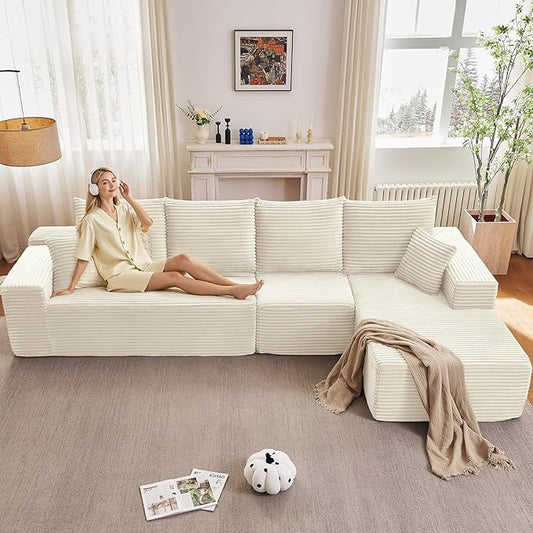 135" Cloud Sectional Couch with L-Shape Chaise, Modern Modular Comfy Sofa Chaise Longue, Upholstered Corduroy Couches Sleeper with Deep Seat for Living Room Bedroom, No Assembly Required, White