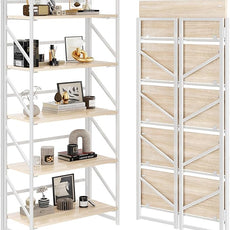 JSB No Assembly Folding Bookshelf, 5 Tier Industrial Metal Book Shelf for Storage, Vintage Wood Foldable Bookcase for Living Room, Bedroom, Office Organization Shelves