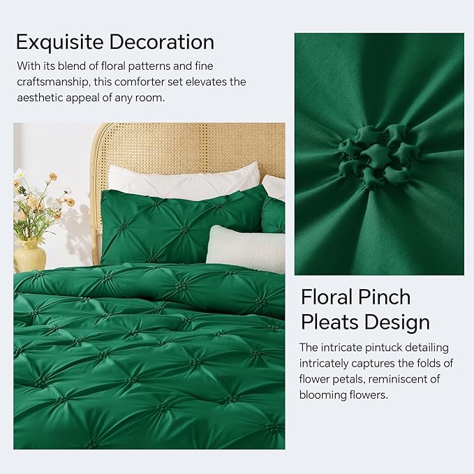 BEDELITE Forest Green Twin Comforter Set - 2 Peices Boho Pintuck Bedding Comforter Sets, Lightweight Soft & Warm Twin Bedding Sets with 1 Pillowcase for All Season