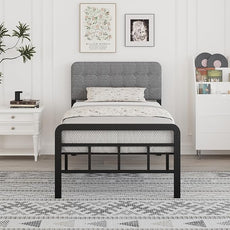 14 Inch Twin XL Bed Frame with Upholstered Headboard and Metal Footboard, XL Twin Platform Bed Frame with Strong Metal Slats Support, Under-Bed Storage, Noise Free, Easy Assembly