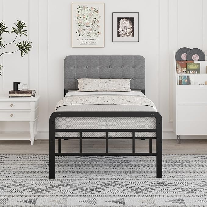 Twin Bed Frames with Upholstered Headboard and Metal Footboard 14 Inch, Twin Platform Bed Frame with Strong Metal Slats Support, Under-Bed Storage, Noise Free, Easy Assembly