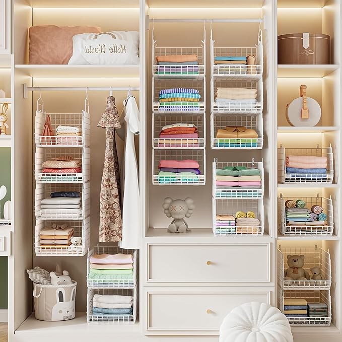 4" Extra Deeper Foldable Hanging Closet Organizer, Small Wire Cabinet Shelves and Storage with 5 S Hooks,4 Tier Metal Basket Bins for Clothes Sweaters Handbags, Wardrobe for Kitchen Laundry Room，White