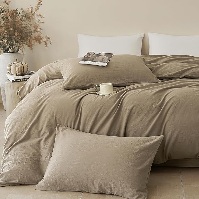 JELLYMONI Duvet Cover King Size - Washed Cotton Comforter Cover with Linen-Like Texture,Breathable & Soft Bedding for Modern Home,Guest Room and Everyday Use,Dusty Khaki 1 Duvet Cover & 2 Pillowcases