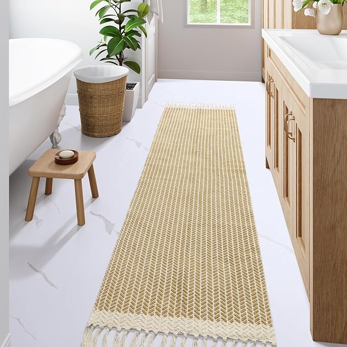 Lahome Boho Laundry Room Rug, 2x7 Runners for Hallways Lightweight Entry Woven Cotton Runner Rug with Tassels, Farmhouse Non Shedding Washable Rugs Low Pile Runner for Kitchen Bathroom, Khaki