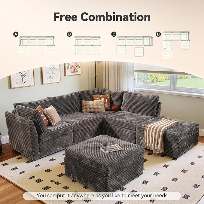 Large 6 Seat Modular Sectional Sofa with Ottoman Seat Corduroy Sleeper Sectional Sofa Bed Oversized Convertible Modular Couch for Living Room