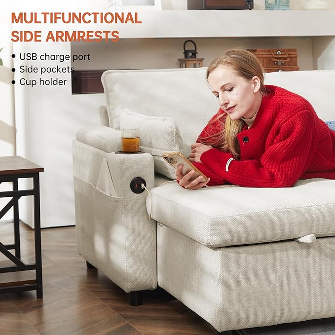 DURASPACE Sofa Bed, Sleeper Sofa Couch with Pullout Bed for Living Room, L Shaped Couch with Storage Chaise, USB, Cup Holder (Beige)