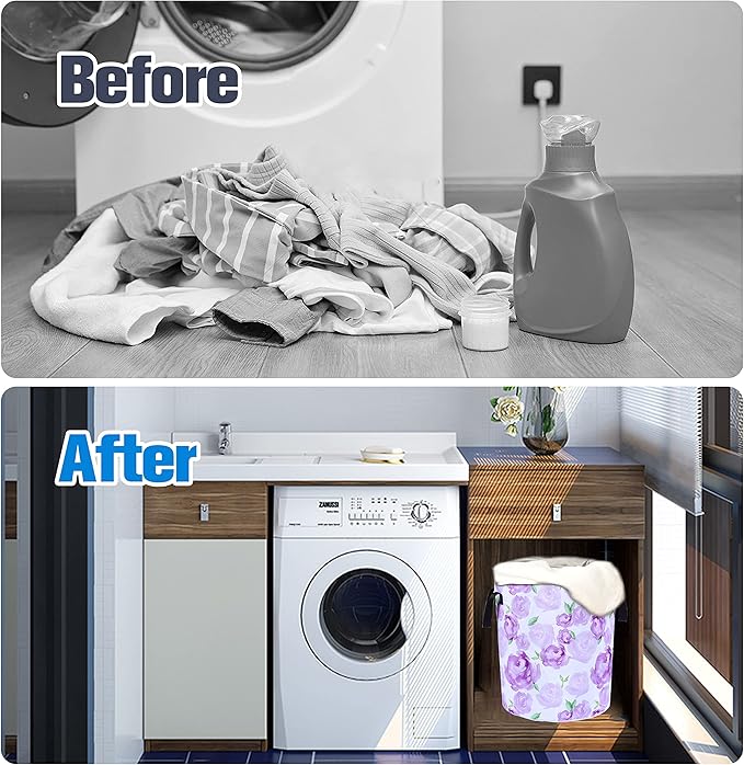 Purple Watercolor Floral Laundry Basket Foldable Oxford Cloth Funny Tote Bag Laundry Hamper Clothes Storage Bucket Organizer For Bathroom/Laundry Storage/Bedroom 17.7x13.7 Inch