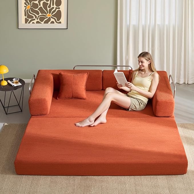YINIX Foldable Sofa Bed, 78'' Folding Floor Couch, Compressed Convertable Sleeper Sofa, Memory Foam Couch with Pillow Back Support Armrest, 4-in-1 Futon Sofa Bed for Living Room, Orange