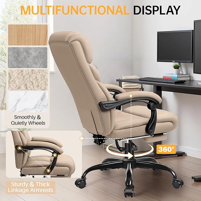 Office Chair, Executive Big and Tall Leather Desk Chairs with Footrest, Ergonomic Breathable Computer Chair with Adjustable High Back, Lumbar Support Swivel PC Chairs with Rocking Function