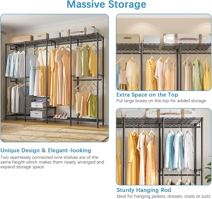 VIPEK V40C Covered Clothes Rack Heavy Duty Clothing Rack with Cover, Custom Freestanding Closet Portable Wardrobe Closet for Bedroom, Large Black Coset Rack with Grey Oxford Fabric Cover