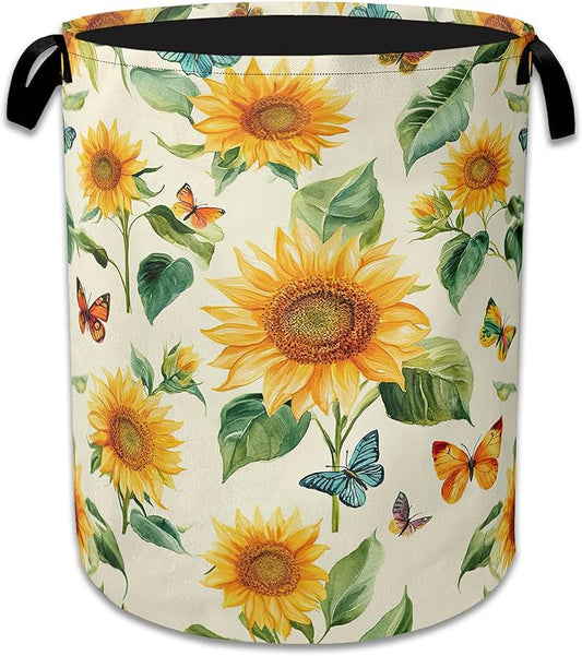 Vintage Sunflowers Laundry Hamper With Handle,Foldable Oxford Cloth Butterfly Flower FLaundry Basket,20.8"x16" Clothes Storage Basket for Laundry Room Bedroom Bathroom