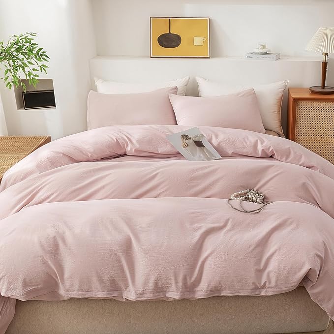 ECOCOTT Duvet Cover King Size - 100% Washed Cotton Durable Soft Comfy Duvet Cover Set, 3 Pieces Duvet Cover with Zipper Closure, No Comforter (Greyish Pink)