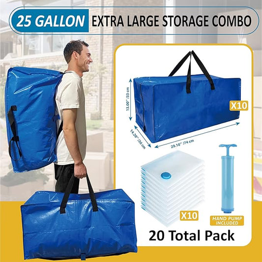 20 Pack Heavy Duty Extra Large Moving Bags with Backpack Straps & Vacuum Storage Bags, Moving Totes with Handles for Space Saving, Christmas Storage Bags for Wreaths, Garlands, Decoration & Ornaments