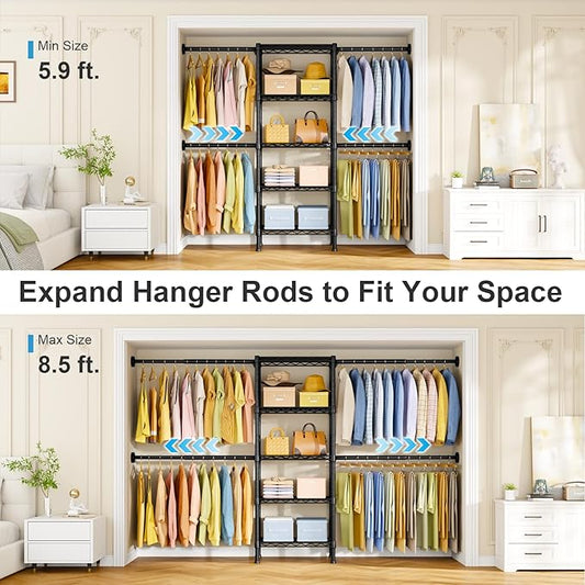 Ulif M2 Wall Mounted Closet System, Clothes Rack Mounted onto the Wall with 4 Expandable Hanger Rods and 5 Metal Shelves, Clothing Organizer Storage in (70.8-102.3)" L x 14.5" D x 71.2" H, Black