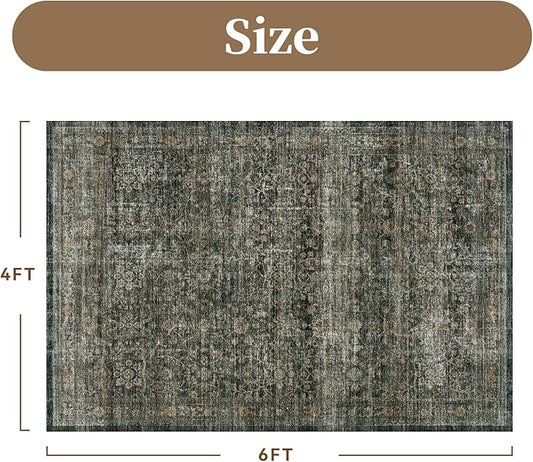 MontVoo-Vintage Area Rug 4X6 Green Rugs for Living Room-Soft Distressed Printed Rugs for Bedroom-Non Slip Carpet-Machine Washable Rug for Dining Room Living Room Bedside Office