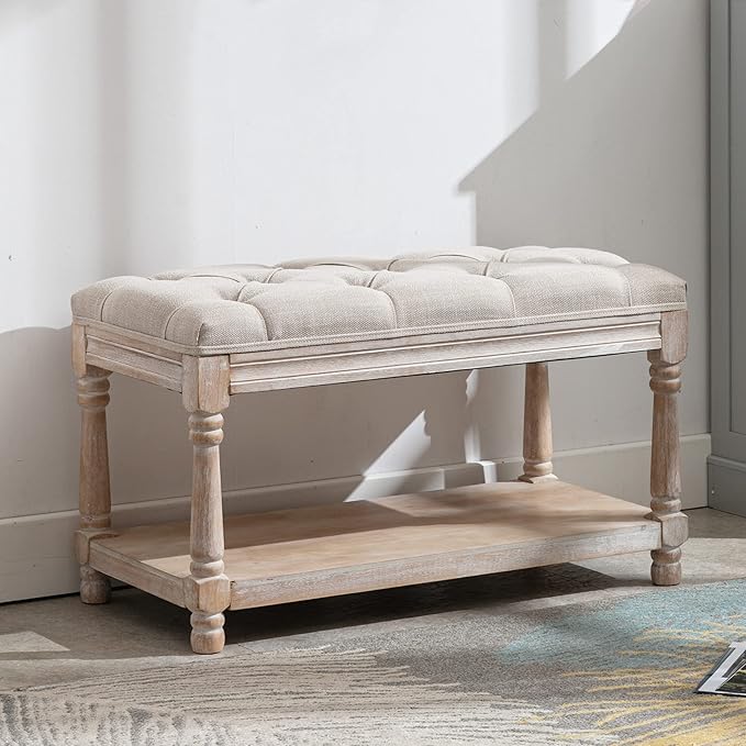 chairus Storage Bench 31.5" W Button Tufted Small Entryway Bench with Wooden Shoes Rack End of Bed Bench with Fabric Linen Upholstered Rectangular Seat for Bedroom Hallway Small Space, Beige