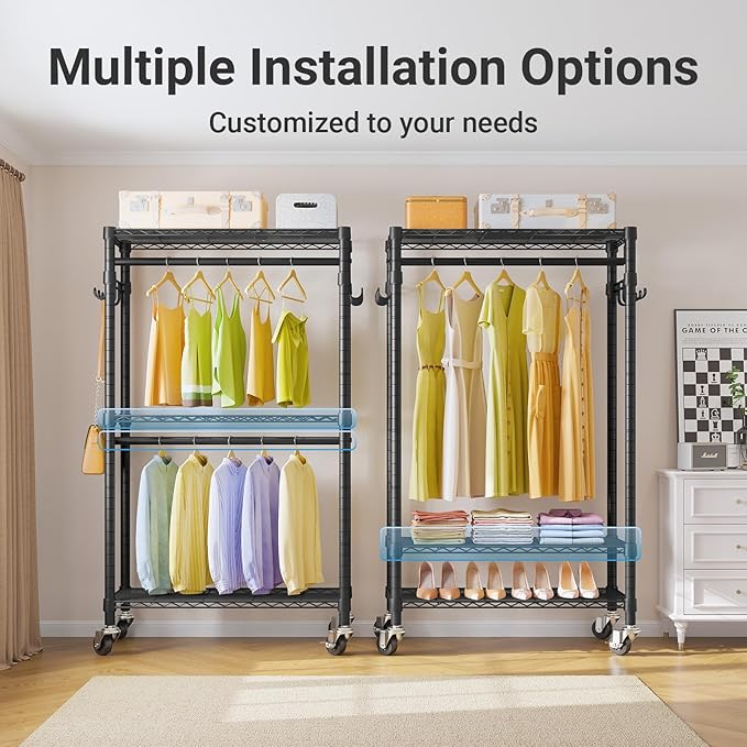 VIPEK R2 Mini Rolling Clothes Rack Heavy Duty Clothing Rack for Hanging Clothes Adjustable Portable Closet Metal Clothes Racks with Wheels Double Rods Side Hooks, Freestanding Garment Rack, Black