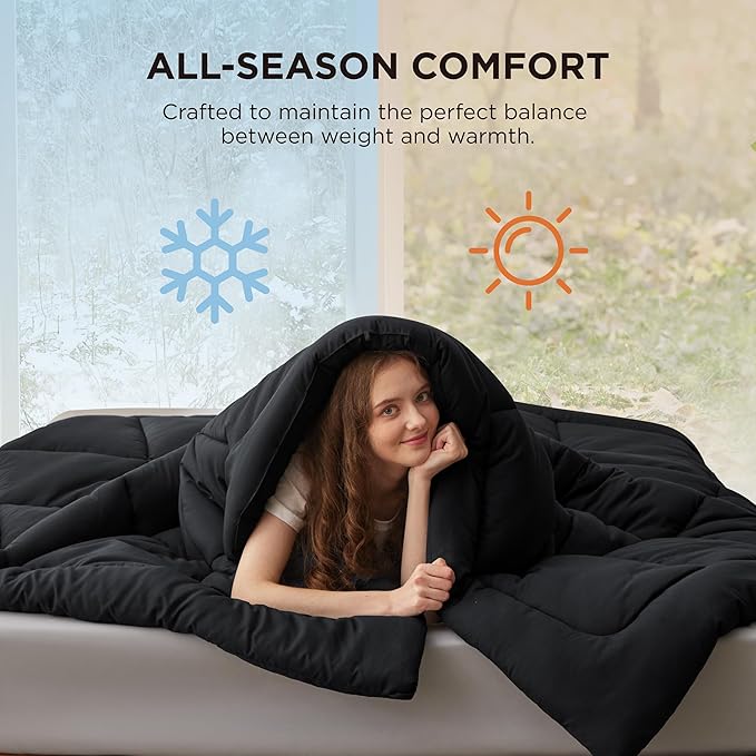 Bedsure Comforter Duvet Insert - Quilted Comforters King Size, All Season Duvet, GentleSoft Down Alternative Bedding, with 8 Tabs, Gifts for Women/Men, Black, King 90 x 102 Inches