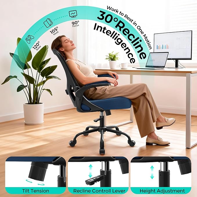Office Chair - Ergonomic Breathable Mesh Desk Chair with Adjustable Lumbar Support and Flip-up Armrests - Executive High Back Rolling Swivel Comfortable Computer Gaming Chair for Home Office