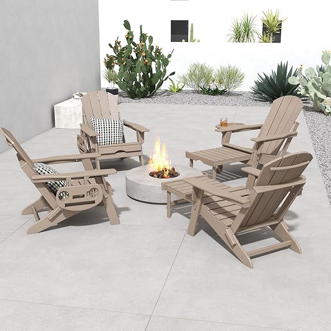 FOOWIN Adirondack Chair with Retractable Ottoman,HDPE Folding Adjustable Adirondack Chair w/4 in 1 Cup Holder Trays,All-Weather Resistant Fire Pit Chair for Outdoor Patio Lawn Set of 8