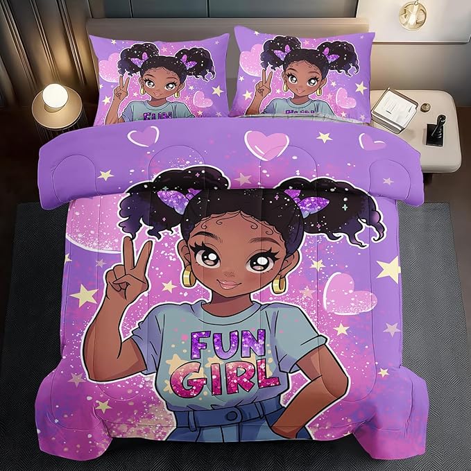 African American Black Girl Comforter Set Full Size,Cute Black Girl Bedding Set Full for Kids,Kawaii Heart Comforter Purple Bedding Decor for Teen,Purple Bed Quilt