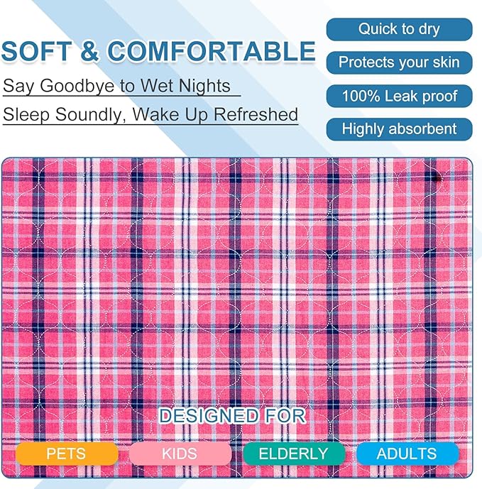 OUTCREATOR® Washable Bed Pads 34" x 76" (Pack of 2) for Incontinence Mattress Protector, Reusable Underpads for Elderly, Adults, Kids, Pets with Anti-Slip Bottom (Pink Plaid)
