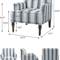 Accent Chair, Mid Century Modern Comfy Armchair for Living Room, Linen Fabric Single Sofa Lounge for Reading Bedroom Apartment Waiting Room with Wood Legs (Dark Blue Stripe, Set of 2)