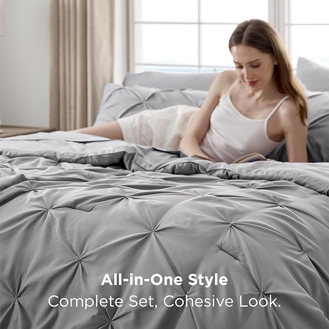 Bedsure Queen Comforter Set Grey - Bed in a Bag Queen Size Bedding 7 Pieces, GentleSoft™ Pintuck Bed Set Gift for Family, Pinch Pleat All Season Comforter with Sheets, Pillowcases & Shams