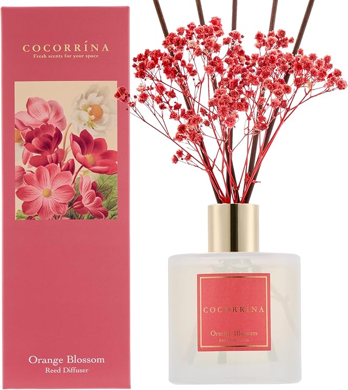 COCORRÍNA Reed Diffuser - Orange Blossom 6.76 Fl.oz Reed Diffuser Sets with Preserved Flowers, Diffuser with 8 Sticks for Bathroom Shelf Decor